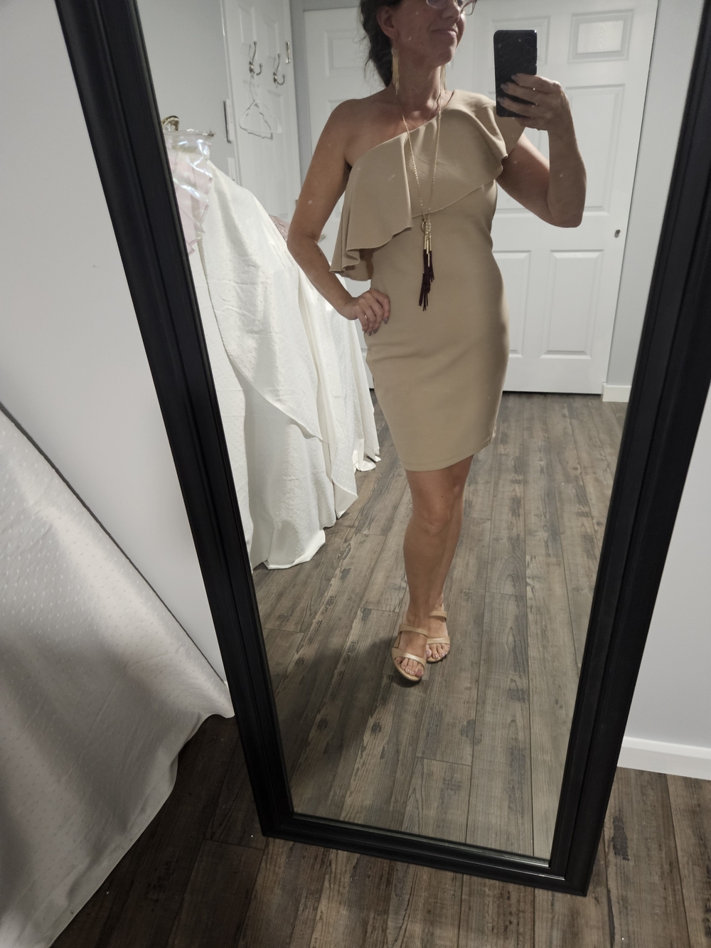 Emerald Sundae One-Shoulder Ruffle Dress in Beige